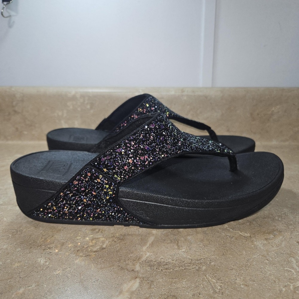 FitFlop Shoes‎ Women 10 Black Glitter Wedge Flip Flop Sandals X03-231 Comfort - Picture 3 of 8